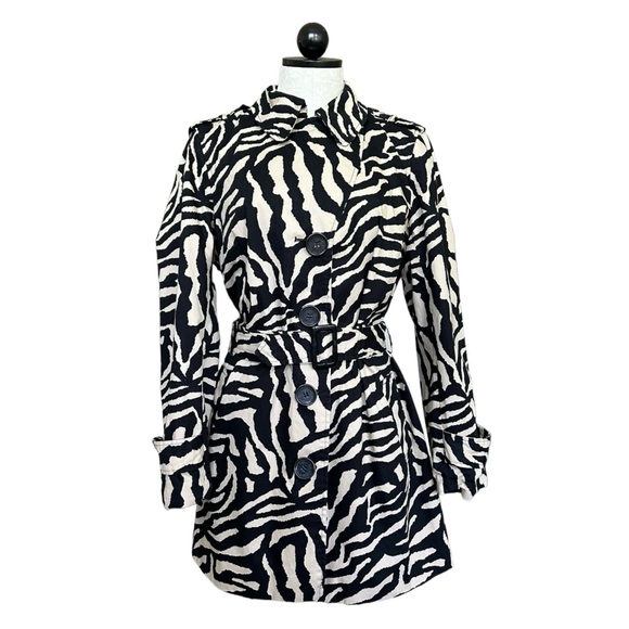 Dennis Basso Zebra Print Trench Coat Jacket Button Front Buckle Belt Size Medium - Picture 1 of 13